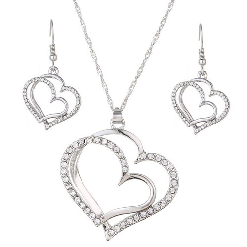 Wedding Jewelry Mother's Day Gifts Double Heart Pendant Necklace and Earring Set for Mom Women Bride Bridesmaids
