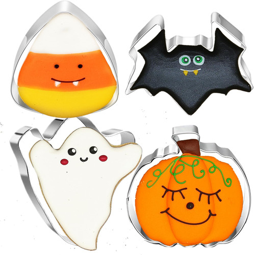 Halloween Cookie Cutters Set- 4 Pieces Stainless Steel Baking Cutter Molds Pumpkin, Ghost, Bat, Corn Candy Cookie Cutters Holiday Decorative Party Supplies