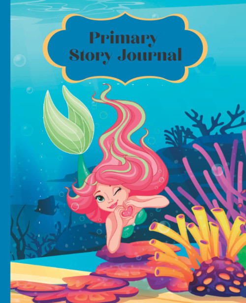 Primary Composition Notebook: Cute Mermaid Dotted Midline and Picture Space to Draw and Write Half Page Ruled Primary Writing Journal for Kids, Grades K-2