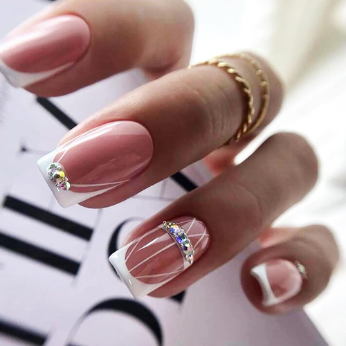 24Pcs French Tip Press on Nails Medium Square Fake Nails White Nails Tip with Glitter Nails Rhinestones Design False Nails Simple Lines Stick on Nails Glossy Full Cover Coffin Glue on Nails for Women