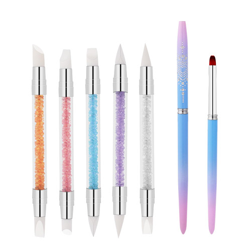 5Pcs Silicone Nail Rhinestone Picker Dotting Tool with 2Pcs Nail Art Polish Clean Up Brush, Nail Art Dotting Pen Rubber Tip Nail Brushes Manicure 3D Effect Shaping Drawing Carving Arcylic Nail Brush