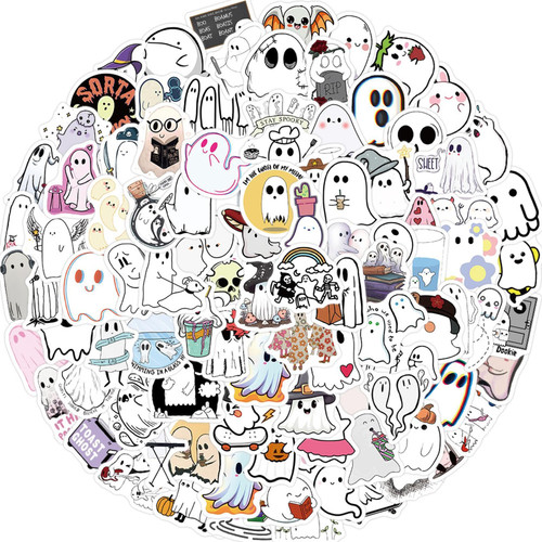 100pcs Cute Ghost Stickers Aesthetic Vinyl Stickers for Kids Scrapbooking,Lovely Cartoon Halloween Stickers Waterproof Decals for Teens Laptops Water Bottle Luggage Guitar Phone