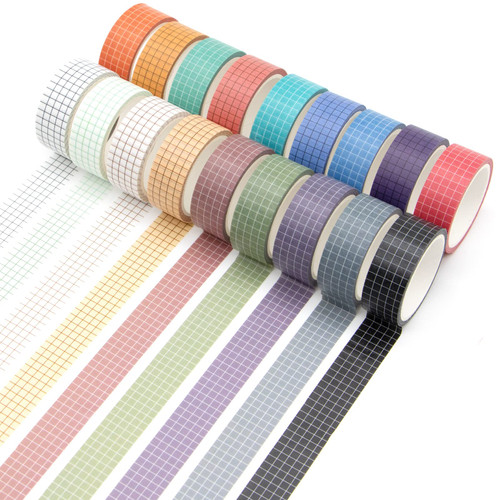 Grid Washi Tape Set for Journaling - 18 Rolls Aesthetic Decorative Tape, Colored Grid Masking Tape for Scrapbooking, Crafts, Bullet Journal, School Supplies