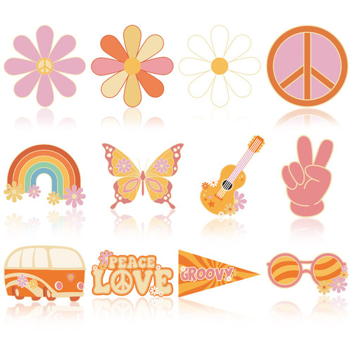 Colarr 60 Pieces Groovy Retro Hippie Boho Party Cutouts Decoration Retro Rainbow Butterfly Daisy Flower Cutouts Retro Bus Cutouts for Groovy Retro Hippie 60s 70s Party Decorations