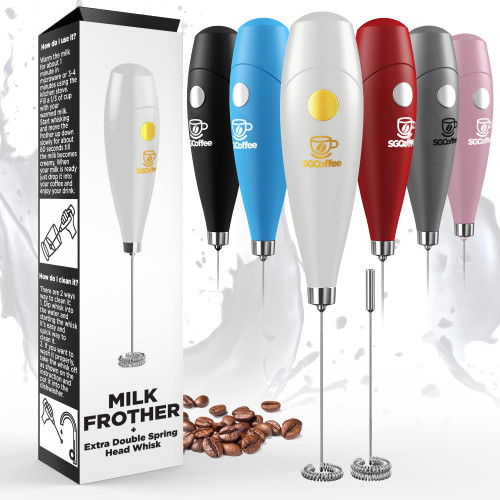 Powerful Double Whisk Milk Frother - Handheld Coffee Blender Frother for Lattes - Electric Whisk Mini Mixer, Milk Foamer Drink Stirrer, Foam Maker for Coffee, Frappe, Matcha, Cappuccino (White & Gold)