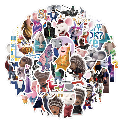 50Pcs Sing Movie Stickers, Cute Cartoon Movie Sing Stickers Gifts for Kids, Waterproof Vinyl Decal for Teen Girl Adult Laptop, Water Bottle, Luggage, Phone, Skateboard, Guitar, Bike (Sing Movie)