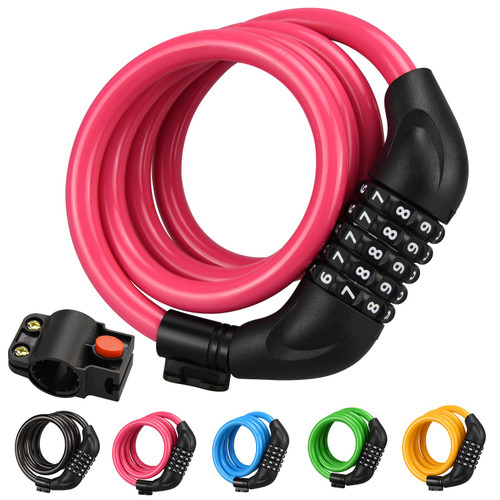 Bike Lock Cable, 1/2/4 Pack 4ft Combination Bicycle Lock with Mounting Bracket, High Security 5 Digit Resettable Coiling Bicycle Lock, 5 Colors Anti Theft Cable Locks for Bike(1 Pack, Pink)