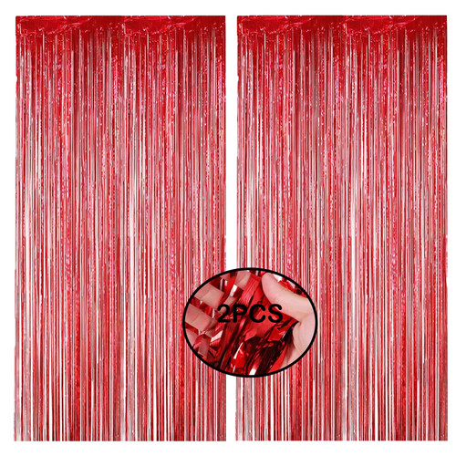 2Pcs Red Tinsel Foil Fringe Curtains Party Decorations Tinsel Curtains Streamers Backdrop 3.3ft *8.3ft Door Streamers Photo Booth Backdrops Foil Curtain for Birthday Party Backdrop Decorations