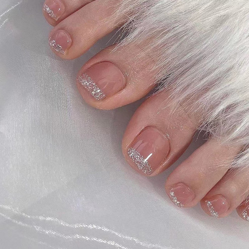 QINGGE Press on Toenails Pink Square Fake Toenails with Silver Glitter Design French Fake Nails Actylic Toe Nails for Women Glossy Toe Nail Tips Glue on ToeNails 24 pcs