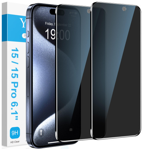 YMHML 2 Pack for iPhone 15 Pro iPhone 15 Privacy Screen Protector Tempered Glass, Anti Spy Privacy Screen for iPhone 15 Pro iPhone 15 6.1 Inch Accessories, Upgrade Private Case Friendly Film