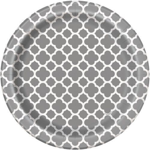 Unique Quatrefoil Round Dessert Paper Plates, 7", Silver