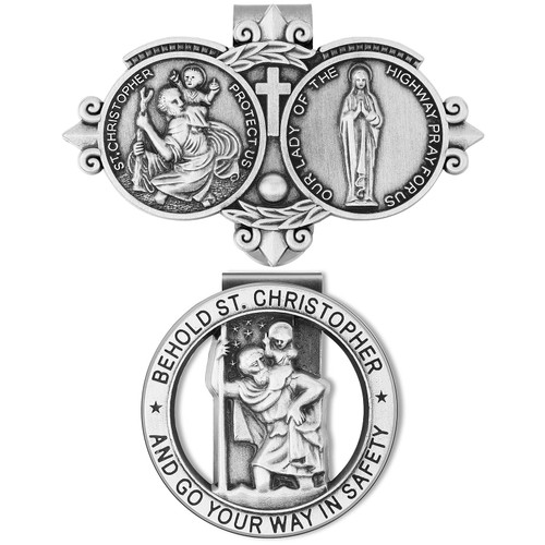 2 Pieces St Christopher Medal for Car, Our Lady of The Highway Visor Clip for Car Round Saint St Christopher Visor Clip for Protection While Driving Auto Sun Visor Accessories