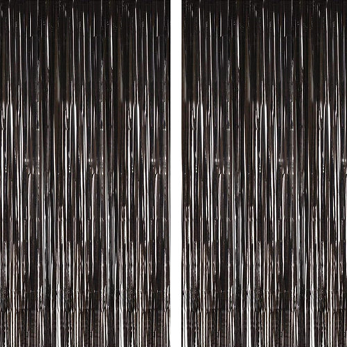 2pcs 3.2ft x 8.2ft Shiny Black Metallic Tinsel Foil Fringe Curtain Photo Booth Backdrop Props for Birthday Wedding Bridal Shower Baby Shower Celebration Bachelorette Party Decorations (Black)