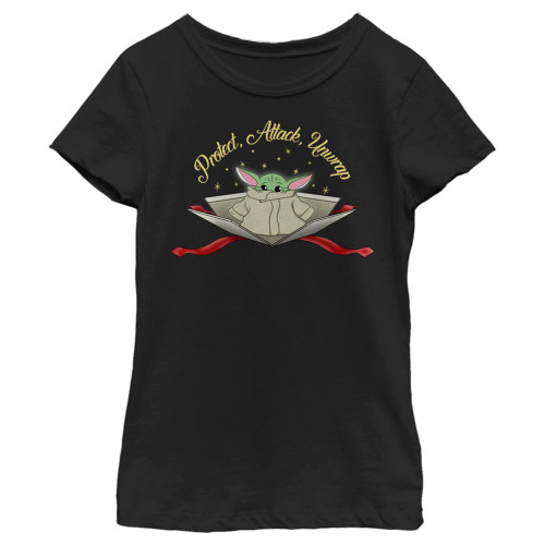 The Mandalorian Girl's Star Wars Christmas Grogu Protect Attack Unwrap T-Shirt - Black - X Small