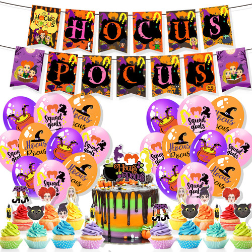 Hocus Pocus Party Supplies Hocus Pocus Decorations with Halloween Banner Hocus Pocus Balloons Cupcake Toppers for Home Hocus Pocus Theme Party Decor