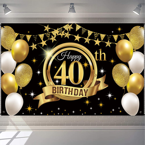 6x3.6ft Happy 40th Birthday Banner Black Gold Happy Birthday Backdrop for Women Men 40th Birthday Party Decorations Supplies Photo Background