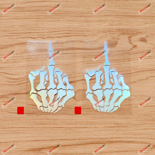 Skeleton Middle Finger Skull Decal Sticker Vinyl - 2 Pack Holographic Iridescent Oil Slick Colorful, 4 Inches - No Background for Car Boat Laptop