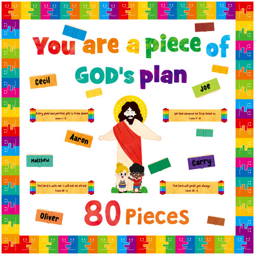 80 PCS Christian Bulletin Board Set, 45 Name Cards Piece of Gods Plan Decors Religious Bible Verse Cutouts Puzzle Pieces for School Door Wall Bulletin Board Decor Supplies