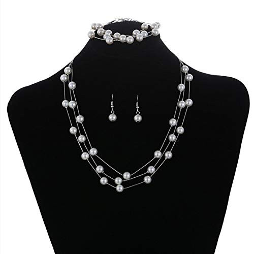 Faux Pearl Choker Layered Silver Necklace Earring Bracelet Jewelry Set for Women Girls Mother Bride Bridesnaids Wedding Faux Pearl Choker Layered Silver Necklace Earring Bracelet Jewelry Set for Women Girls Mother Bride Bridesnaids Wedding