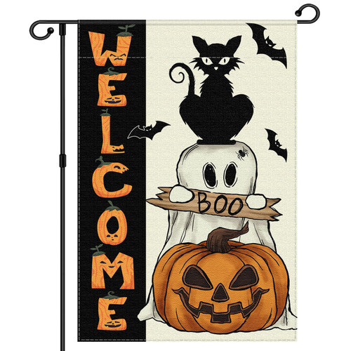 Halloween Ghost Cat Boo Garden Flag 12x18 Inch Small Double Sided Burlap Welcome Holiday Outside Yard Decoration (Ghost Cat Boo)