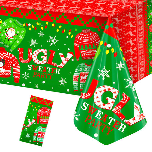 Christmas Plastic Tablecloth Christmas Table Cover Set Ugly and Sweater Party Tablecloth Xmas Sweater Table Cover Snowflake for Kids Birthday Christmas Themed Party Decoration, 108 x 54 Inches (1 Pcs)