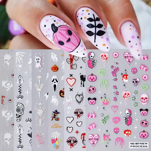 Halloween Nail Art Stickers Decals, 6Pcs Adhesive Slider White Black Skull Ghost Pink Pumpkin Spider Web Skull Ghost Designs for Halloween Nail Decorations Accessories (Skull 6Pcs) Halloween Nail Art Stickers Decals, 6Pcs Adhesive Slider White Black Skull Ghost Pink Pumpkin Spider Web Skull Ghost Designs for Halloween Nail Decorations Accessories (Skull 6Pcs)