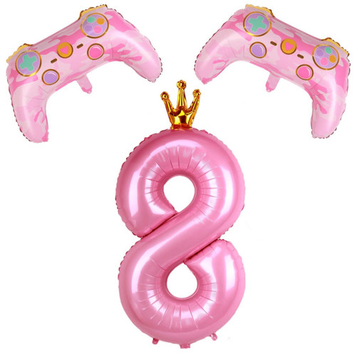 Pink Video Game Balloons 8th Birthday Decorations for Girl Foil Mylar Remote Controller Balloons Game on Gaming Theme Party Supplies Favors - 2 Packs Game On Balloons with Pink Number 8 Balloon