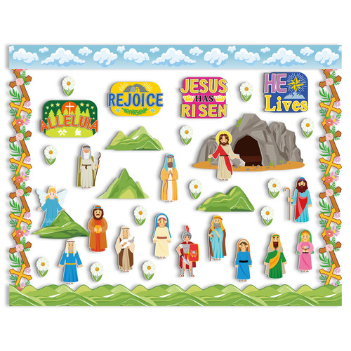 103 Pcs Easter Bulletin Board Sets Jesus Has Risen Christian Bible Sunday School Bulletin Board for Easter Spring Religious Classroom and Sunday School Party Bulletin Board Wall Home Decor