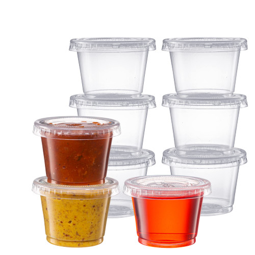 Pantry Value [200 Sets - 1 oz.] Cups with Lids, Small Plastic Condiment Containers for Sauce, Salad Dressings, Ramekins, & Portion Control