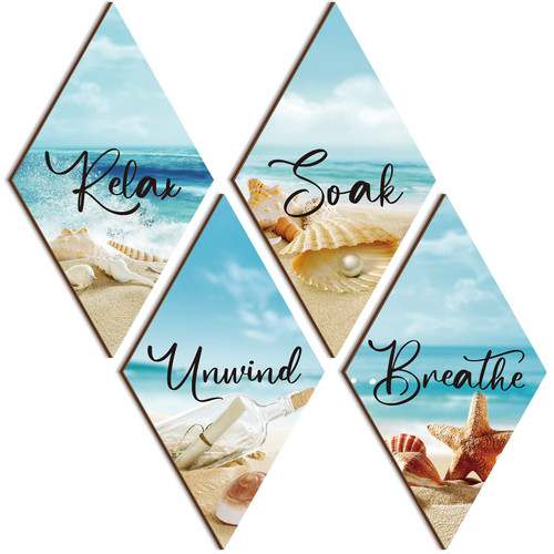 FairySandy 4 Pcs Ocean Bathroom Wall Art Modern Seashell Restroom Decor Rustic Bathroom Wall Decor Farmhouse Relax Soak Unwind Breathe Sign for Bedroom Living Room, Rhombus