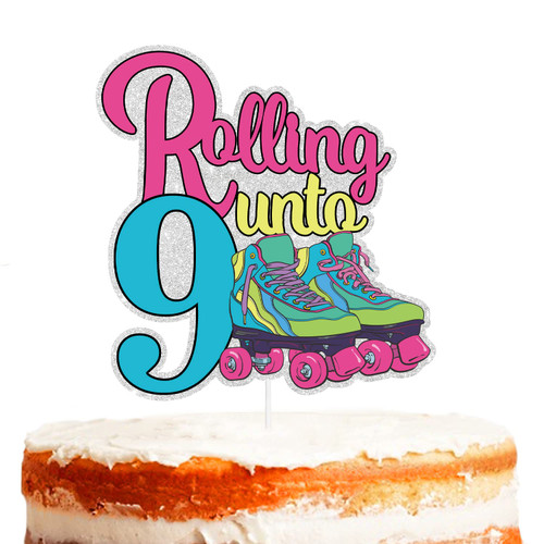 Glitter Roller Skates Cake Topper Pick for Children Boy Girl Rolling into 9 Happy Birthday Party Decorations 80s 90s Retro Hip Hop Roller Skating Theme Decor Supplies