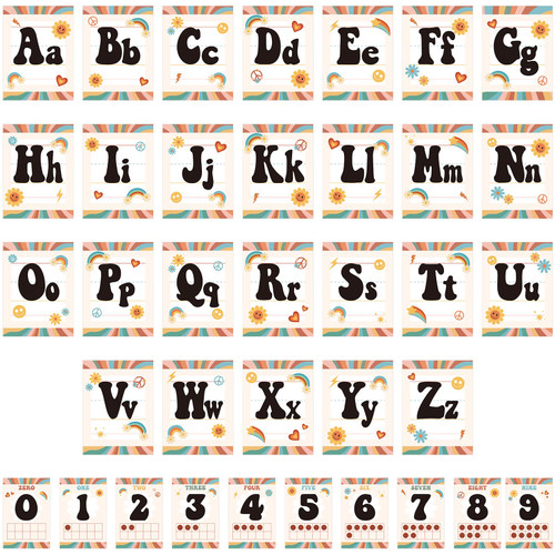 36Pcs Retro Classroom Alphabet Number Bulletin Board Set, Groovy ABC Alphabet Card and 0-9 Number Posters Decor with Glue Point for Preschool Kindergarten Classroom and Teachers Wall Decorations