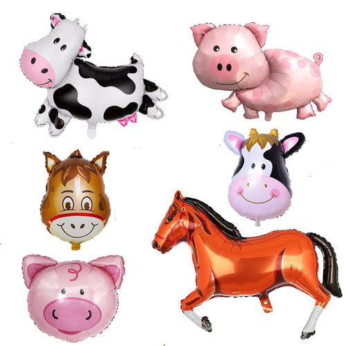 6pcs Farm Animal Foil Balloons Pig Cow Horse Donkey Head Shaped Mylar Balloon for Farm Animals Theme Birthday Party Supplies Decorations
