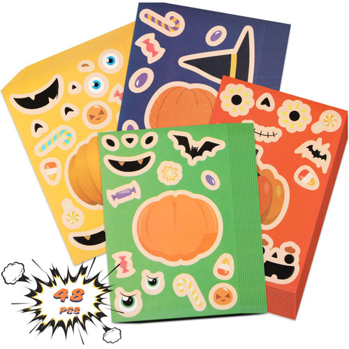 48 Sheets Halloween Craft Stickers Make a Pumpkin Stickers Halloween Pumpkin Face Stickers for DIY Halloween Decoration Make Your Own Jack o Lantern Stickers, 4 Styles