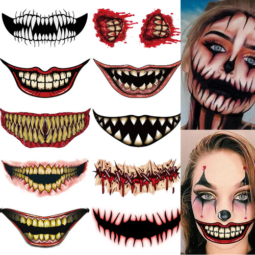 Halloween Temporary Tattoo Stickers 10Pcs - Funny Waterproof Face Tattoo for Horror Party Makeup, Halloween Fake Tattoos Clown Horror Mouth Face Tattoo Sticker Decals Adults and Kids Halloween Tattoo Sticker Temporary Tattoos for Women Halloween Temporary Tattoo Stickers 10Pcs - Funny Waterproof Face Tattoo for Horror Party Makeup, Halloween Fake Tattoos Clown Horror Mouth Face Tattoo Sticker Decals Adults and Kids Halloween Tattoo Sticker Temporary Tattoos for Women