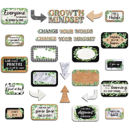 Pasimy 31 Pcs Eucalyptus Classroom Bulletin Board Set Growth Mindset Posters Inspirational Positive Sayings Accents Cutouts Eucalyptus Classroom Decor Signs for Classroom Office Home Wall Decoration