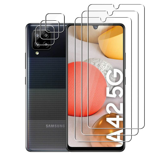 UZWZW (3+3) For Samsung Galaxy A42 5G (3 Pack) Tempered Glass Screen Protector and (3 Pack) Camera Lens Protector, 9H Hardness, 2.5D, Anti Scratch, HD Clear
