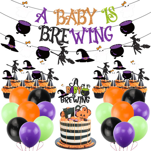 Halloween Baby Shower Decorations, A Baby Is Brewing Baby Shower Decorations, Halloween A Baby Is Brewing Banner Halloween Cake Topper Balloons Set for Halloween Baby Shower Halloween Gender Reveal Party Supplies