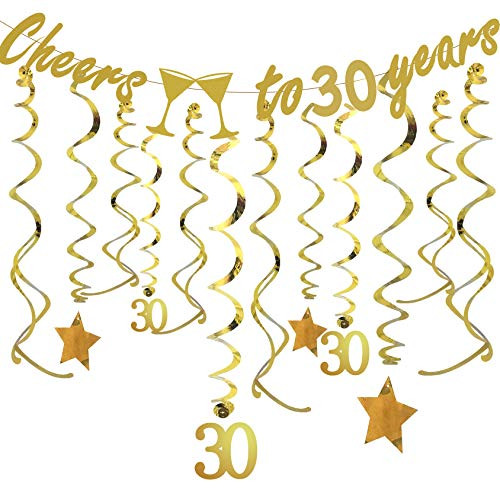 Gold 30th Birthday Party Decorations KIT - Cheers to 30 Years Banner, Sparkling Celebration 30 Hanging Swirls, Perfect 30 Years Old Party Supplies 30th Anniversary Decorations