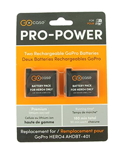 Camera Battery For GoPro Cameras, Hero4, 2 Power Pro Rechargeable Batteries Each Battery Has 90 min Battery Life, Black by GOcase