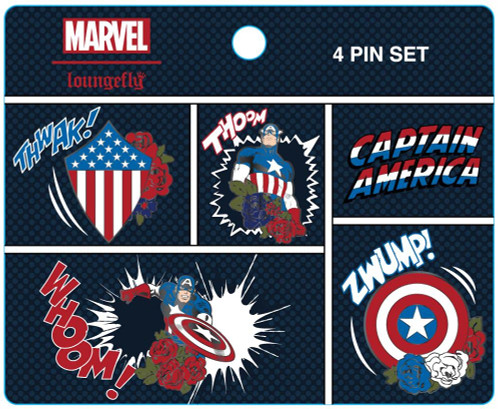 Loungefly: Marvel Avengers - Captain America 4 Piece Pin Set, Amazon Exclusive,Multicolor,MVPN0144