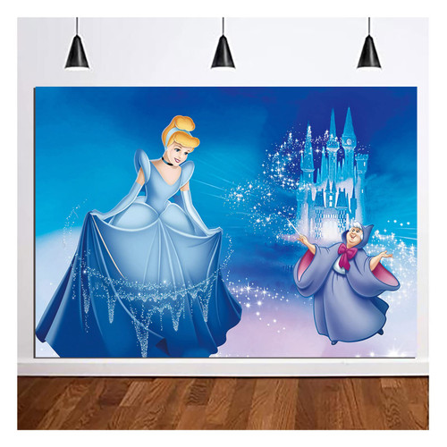 Cinderella Princess Photography Backdrop Blue and Silver Castle Winter Princess Photo Background for Girl Princess Happy Birthday Party Baby Shower Banner 5x3ft
