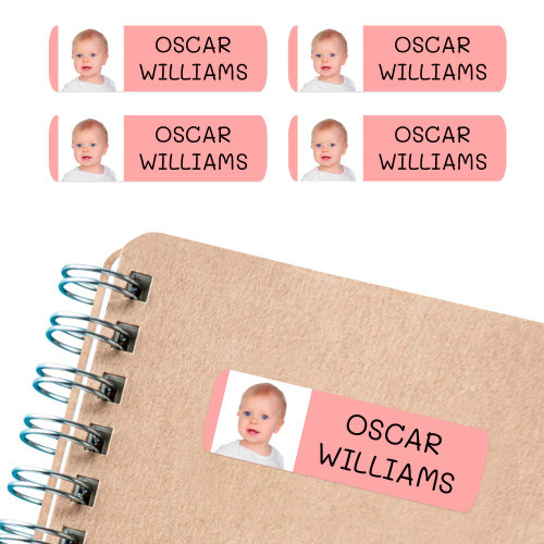 50 Personalized Stickers, with Photo or Image, 6 x 2 cm, to Mark Objects, Books, Lunch Boxes, etc. Basic Pink Color