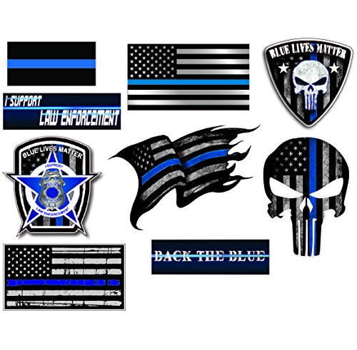 Mega Variety Pack of Thin Blue Line Police Officer Blue Lives Matter American Flag Vinyl Decal Sticker Car Truck BLM(9 Pack)