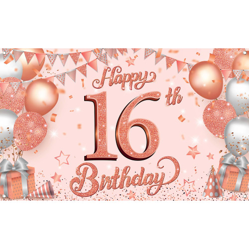 Katchon, Xtralarge Happy 16th Birthday Banner - 72 X 44 Inch | Pink Sweet 16 Backdrop, Sweet 16 Birthday Decorations Girls | Rose Gold Happy Birthday Banner | Sweet 16th Birthday Decorations for Girls