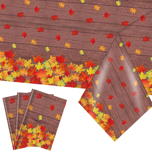 Kesfey 3 Pack Fall Wood Grain Maple Leaves Tablecloth 54 x 108 Inch Thanksgiving Party Table Covers Disposable Waterproof Plastic Autumn Harvest Theme Table Cloth Rectangle for Dinner Home Table Decor