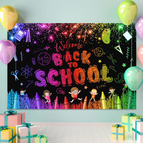 Welcome Back to School Backdrop-First Day of School Decorations Preschool Classroom,Kindergarten Back to School Banner Background (Black)