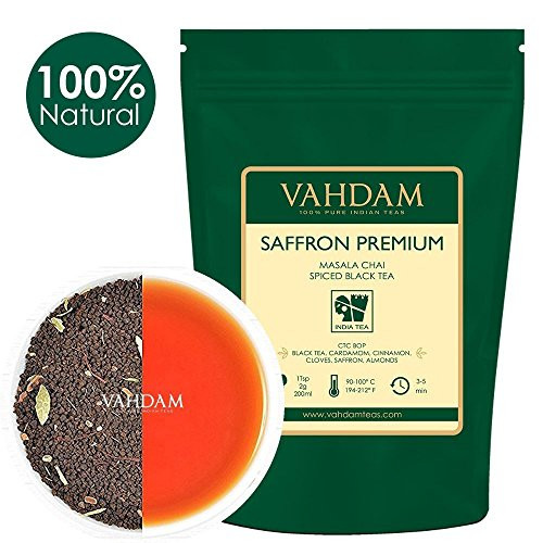 VAHDAM, Saffron Tea Loose Leaf (50 Cups) | 100% NATURAL SPICES | Black Tea, Cardamom, Cinnamon, Clove, Almond, Saffron | Spiced Chai Tea Loose Leaf | Brew Hot Tea, Iced Tea or Chai Latte | 3.53oz