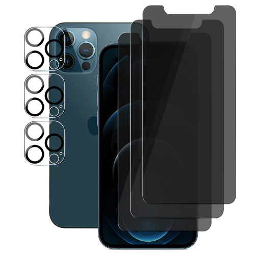 UZWZW (3+3) For iPhone 12 Pro (6.1") (3 Pack) Anti Spy Private Tempered Glass Film Privacy Screen Protector and (3 Pack) Camera Lens Protector [Not Affect Flash], 9H Hardness, Anti Scratch