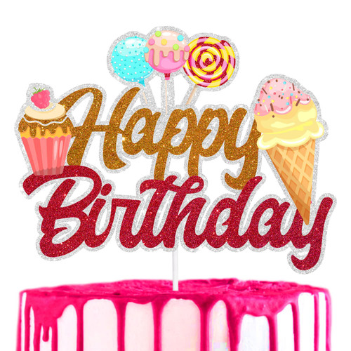 Ice Cream Sweet Happy Birthday Cake Topper - Ice Cream Donut Sweet Theme Party for Kids, Baby Shower Party, or Ice Cream Dessert Theme Birthday Party Decor for Boys and Girls - SugarGera
